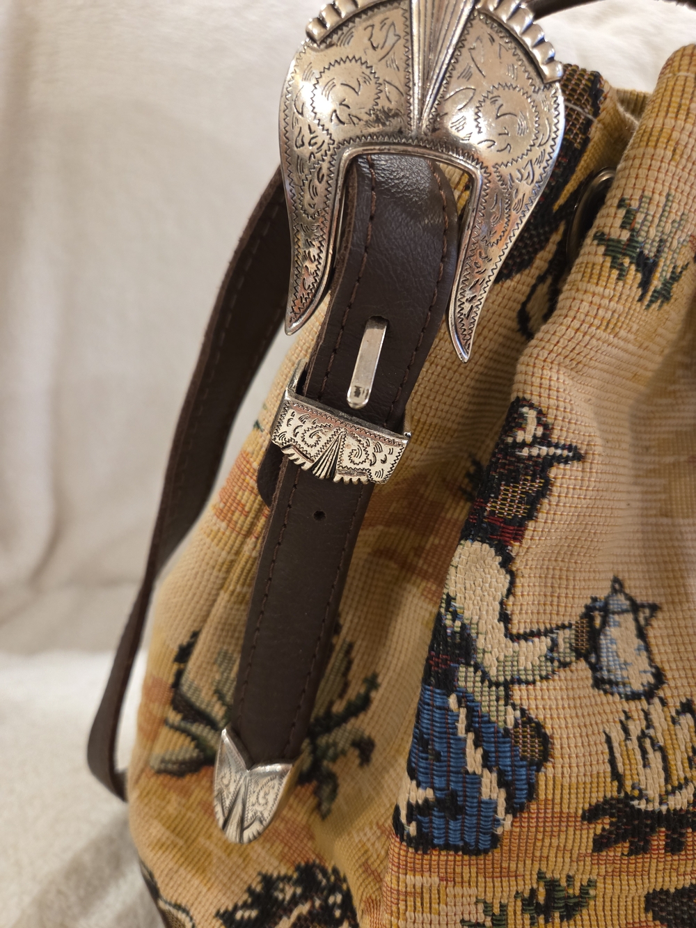 Vintage Southwestern Tapestry Bucket Bag | Western Leather Drawstring Purse - Picture 3 of 10